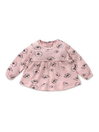 Full sleeve graphic pattern in pink & grey floral gown for baby girl - Kidulan