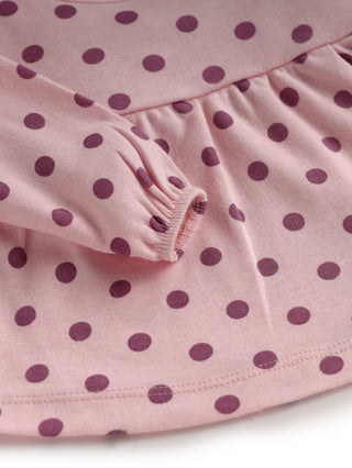 Full sleeve lavender dot pattern in pink frock for baby girls - Kidulan