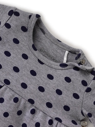 Full sleeve blue dot pattern in ash frock for baby girls - Kidulan
