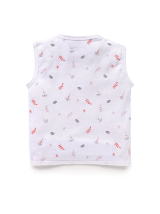 Sleeveless pure white & red leaf pattern jabla set for baby - Kidulan