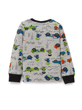 Full sleeve red & cyan toy car pattern in white pajama set for baby - Kidulan