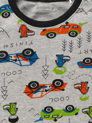 Full sleeve red & cyan toy car pattern in white pajama set for baby - Kidulan