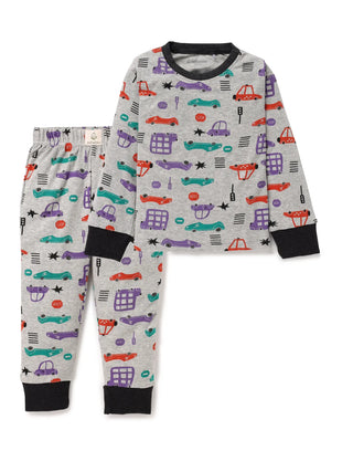 Full sleeve graphic car pattern in white & grey pajama combo for baby - Kidulan