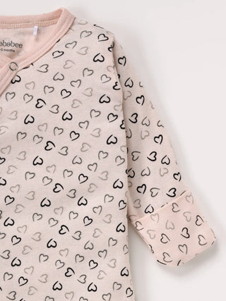 Full sleeve black heart shaped pattern in soft pink with closure snap button sleeping gown for baby - Kidulan