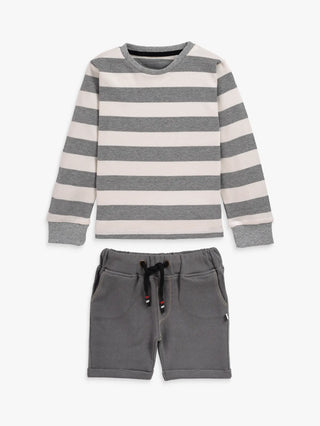 Full sleeve grey & white denim shorts & cuff t-shirt set for baby - Kidulan