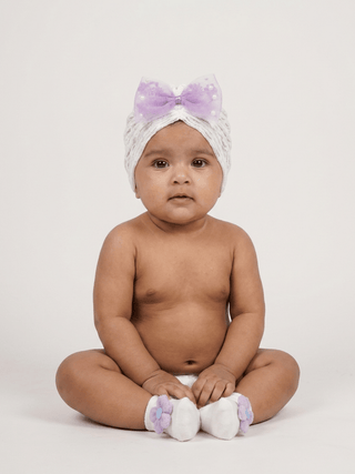 Baby Turban Cap & Booties Set - Cream With Lavender - Kidulan