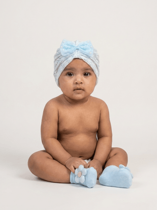 Baby Turban Cap & Booties Set - White With Sky Blue - Kidulan