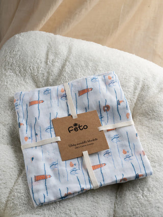 FETO COTTON MUSLIN SWADLE WRAP - BLUE SEA - Kidulan