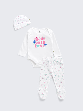 Newborn 'Made with Love' 3-Piece Long Sleeve Bodysuit Set