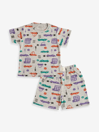 Half sleeve toy graphic in grey t-shirt & shorts combo for baby - Kidulan