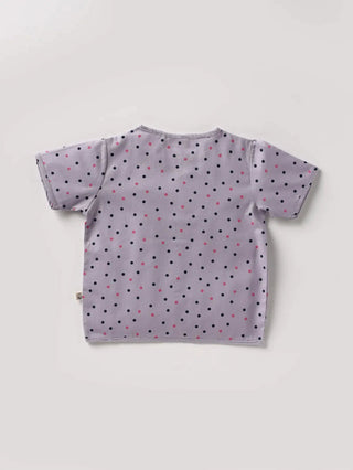Half sleeve black & pink dot pattern in lavender shade aop woven set for baby girls - Kidulan