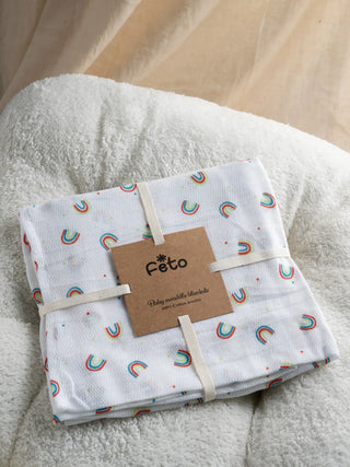 FETO COTTON MUSLIN SWADLE WRAP - BLUE RED RAINBOW - Kidulan