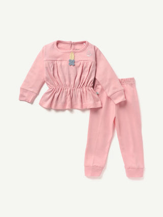 BABY GIRL SOLID FROCK CO-ORD SET - PINK - Kidulan
