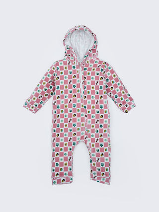 Pink Printed Hooded Full Sleeve Baby Romper - Kidulan