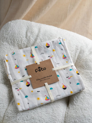 FETO COTTON MUSLIN SWADLE WRAP - BOAT FISH WHITE - Kidulan