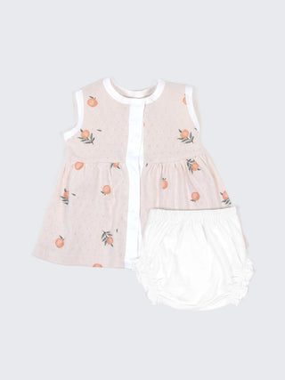 Baby Cotton Frock & Bloomer Set – Peach Fruit Print & Pineapple Print Sleeveless Baby Frock Combo (2 Sets) - Kidulan