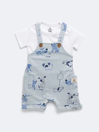 Cotton Dungaree Set with Playful Puppy Print