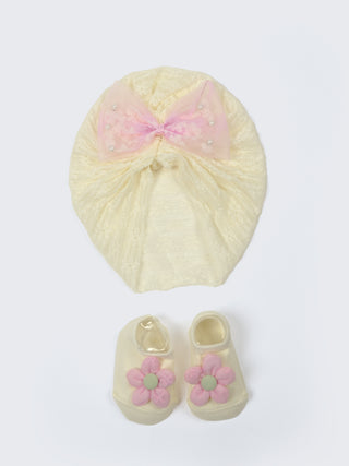 Baby Turban Cap & Floral Booties Set - Yellow With Pink - Kidulan