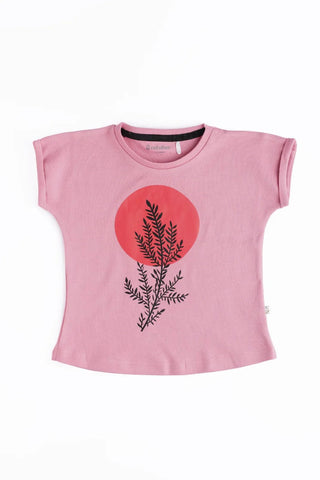 Half sleeve pink & lavender flower pattern in green t-shirt with leggings for baby girls - Kidulan
