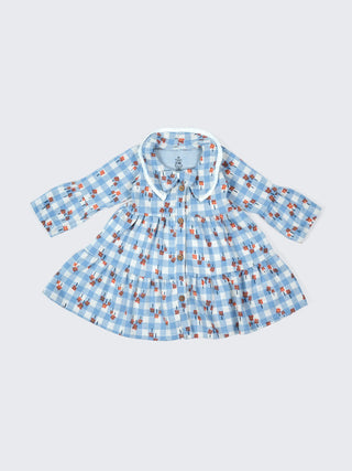 Blue Floral Checkered Baby Girl Frock with Collar & Bow - Kidulan