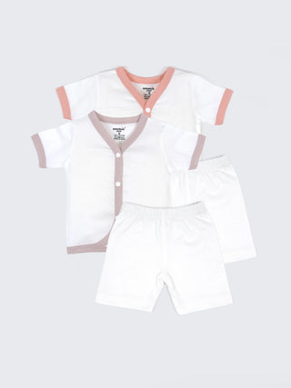 Baby Cotton Jabla & Shorts Set – Solid White with Contrast Trim Half Sleeve Baby Wear Combo (2 Sets) - Kidulan