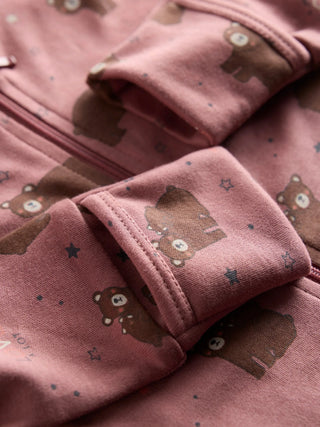 Organic Cotton Pink Bear Print Full Sleeve Zip Romper - Kidulan