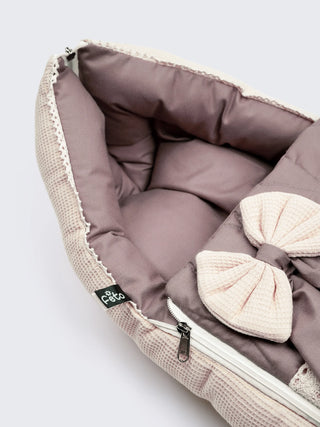 Baby Carry Nest – Quilted Beige & Mocha Soft Newborn Sleeping Bag with Bow Detail - Kidulan