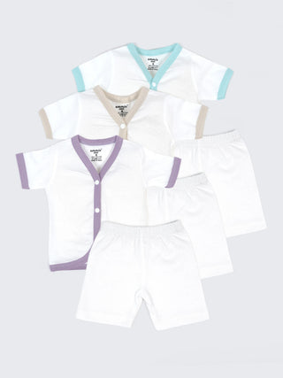 Baby Cotton Jabla & Shorts Set – Solid White with Pastel Contrast Trim Newborn Clothing Combo (3 Sets) - Kidulan