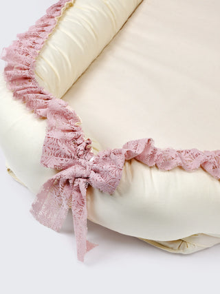Premium Elegant Lace Pink Design Baby Nest Bed with Mosquito Net & Pillow – Soft Newborn Lounger - Kidulan