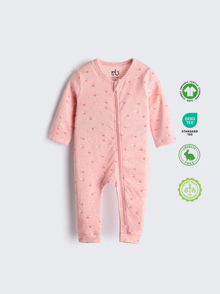 Organic Cotton Pink Cherry Print Full Sleeve Zip Romper - Kidulan