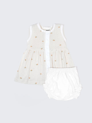 Baby Cotton Frock & Bloomer Set – Peach Dot & Tiny Floral Print Sleeveless Frock - Kidulan