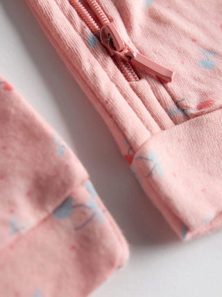 Organic Cotton Pink Cherry Print Full Sleeve Zip Romper - Kidulan