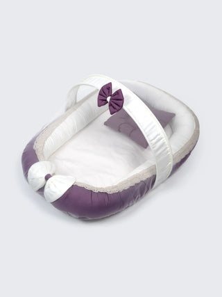 Premium Purple Bow Design Baby Nest Bed with Mosquito Net & Pillow – Soft Newborn Lounger - Kidulan