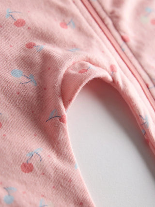Organic Cotton Pink Cherry Print Full Sleeve Zip Romper - Kidulan