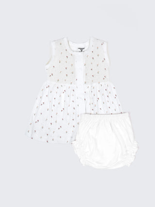 Baby Cotton Frock & Bloomer Set – Peach Dot & Tiny Floral Print Sleeveless Frock - Kidulan