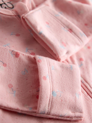 Organic Cotton Pink Cherry Print Full Sleeve Zip Romper - Kidulan