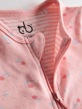 Organic Cotton Pink Cherry Print Full Sleeve Zip Romper - Kidulan