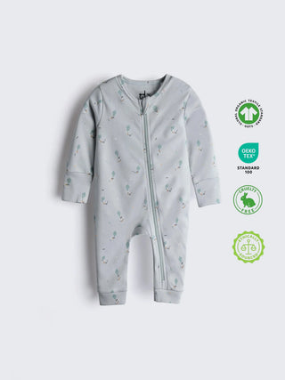 Organic Cotton Light Blue Printed Full Sleeve Zip Romper - Kidulan