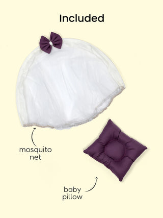 Premium Purple Bow Design Baby Nest Bed with Mosquito Net & Pillow – Soft Newborn Lounger - Kidulan
