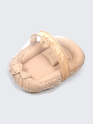 Premium Elegant Beige Bow Design Baby Nest Bed with Mosquito Net & Pillow – Soft Newborn Lounger - Kidulan
