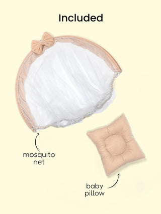 Premium Elegant Beige Bow Design Baby Nest Bed with Mosquito Net & Pillow – Soft Newborn Lounger - Kidulan