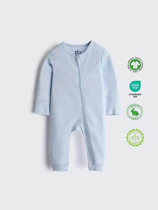 Organic Cotton Solid Light Blue Full Sleeve Zip Romper - Kidulan