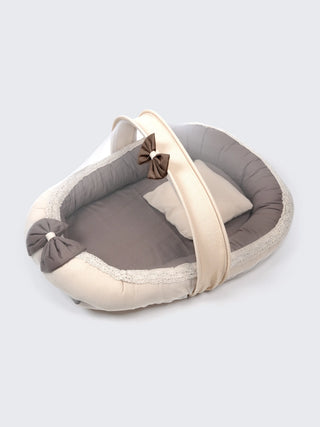 Premium Elegant Brown Bow Design Baby Nest Bed with Mosquito Net & Pillow – Soft Newborn Lounger - Kidulan