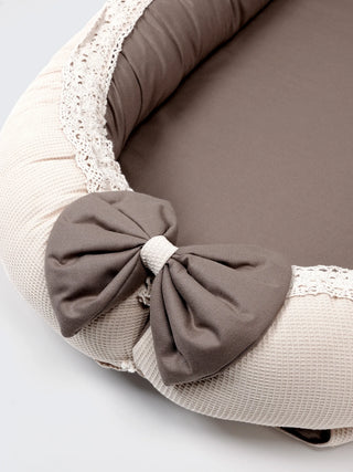 Premium Elegant Brown Bow Design Baby Nest Bed with Mosquito Net & Pillow – Soft Newborn Lounger - Kidulan