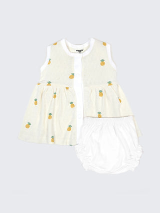 Baby Cotton Frock & Bloomer Set – Peach Fruit Print & Pineapple Print Sleeveless Baby Frock Combo (2 Sets) - Kidulan