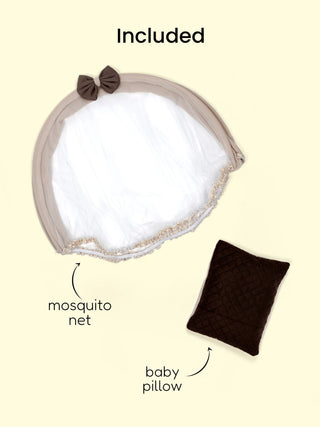 Premium Elegant Brown Bow Design Baby Nest Bed with Mosquito Net & Pillow – Soft Newborn Lounger - Kidulan