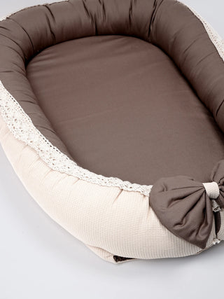 Premium Elegant Brown Bow Design Baby Nest Bed with Mosquito Net & Pillow – Soft Newborn Lounger - Kidulan