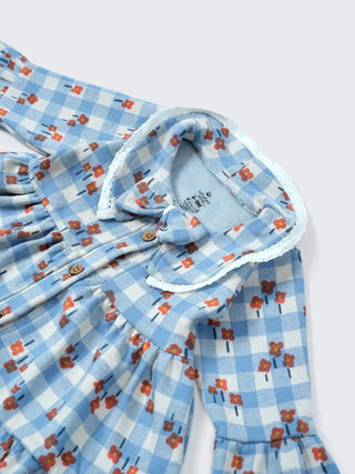 Blue Floral Checkered Baby Girl Frock with Collar & Bow - Kidulan