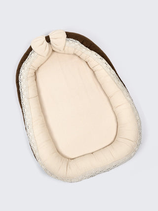Premium Cream & Brown Bow Design Baby Nest Bed with Mosquito Net & Pillow – Soft Newborn Lounger - Kidulan