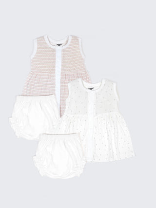 Baby Cotton Frock & Bloomer Set – Pastel Stripe & Tiny Floral Sleeveless Baby Frock Combo (2 Sets) - Kidulan
